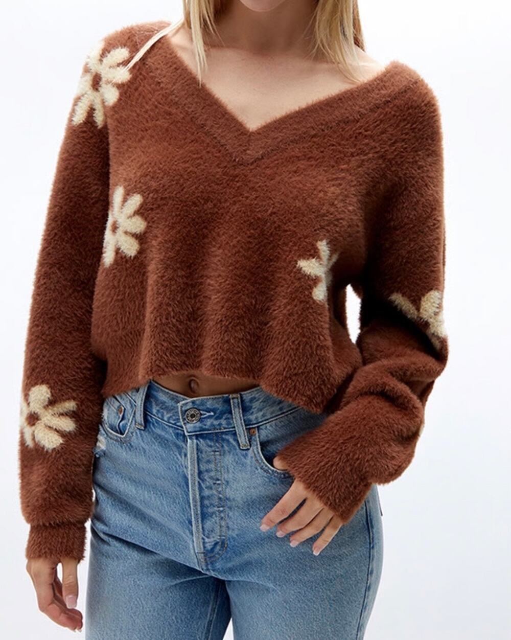 LA Hearts Brown Fuzzy V-Neck Flower Cropped Super Soft Sweater - XS
